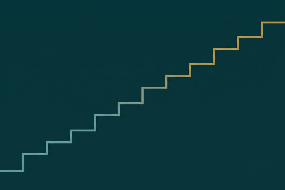 Abstract rising staircase of lines from lower left to upper right, the top steps in gold.