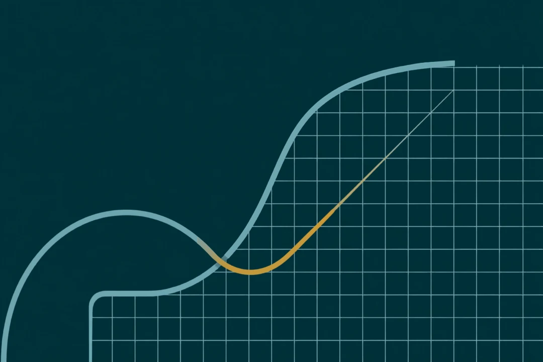 Abstract curve over a grid that dips briefly and then climbs steeply — the ascending part in gold.