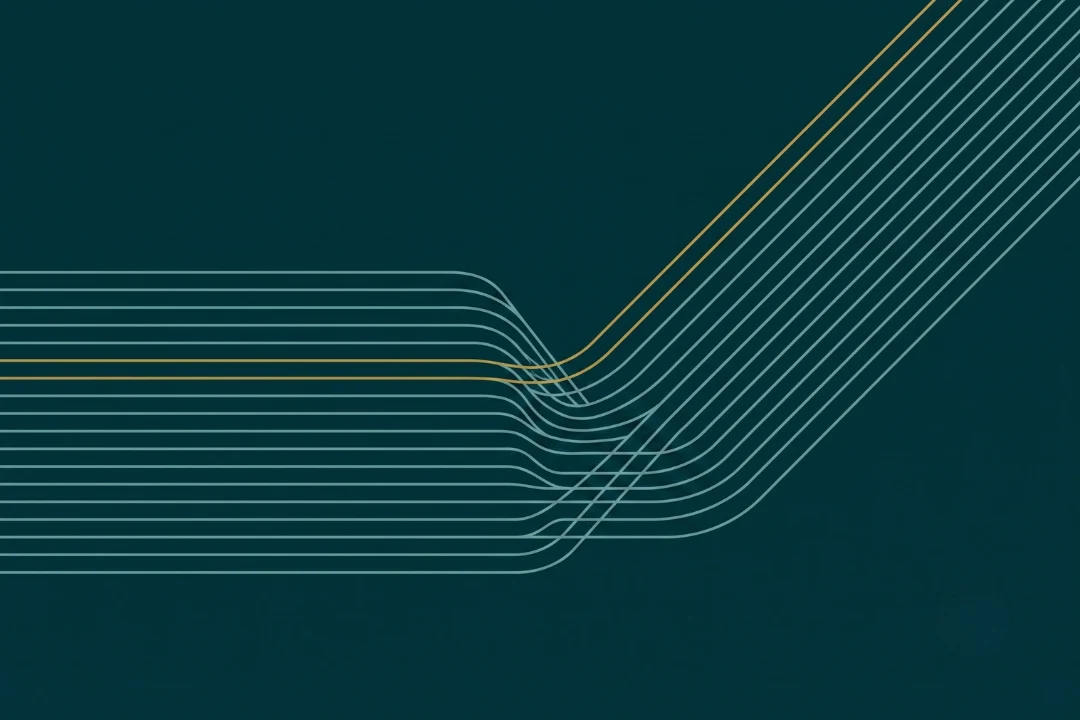 Abstract line graphic: several lines bend together into a new direction, one of them in gold.