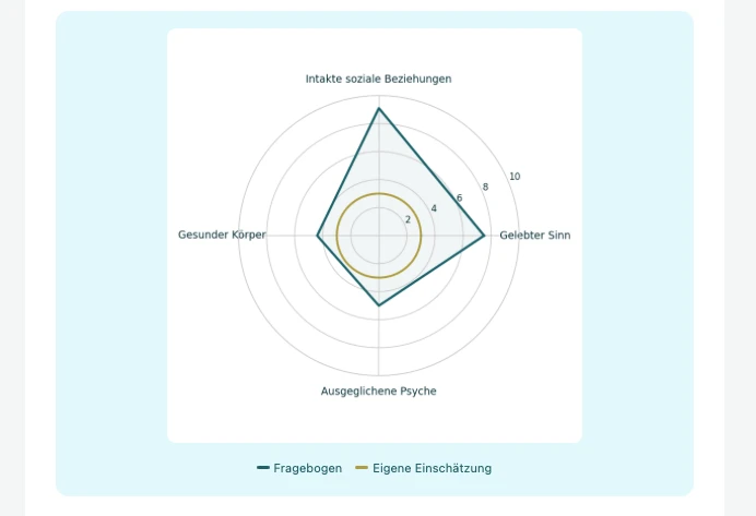Netzdiagramm eines beispielhaften Happiness-Scores über vier Dimensionen: intakte soziale Beziehungen, gelebter Sinn, ausgeglichene Psyche, gesunder Körper.