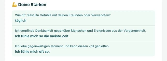 Auszug „Deine Stärken“ aus einem beispielhaften Happiness-Score.