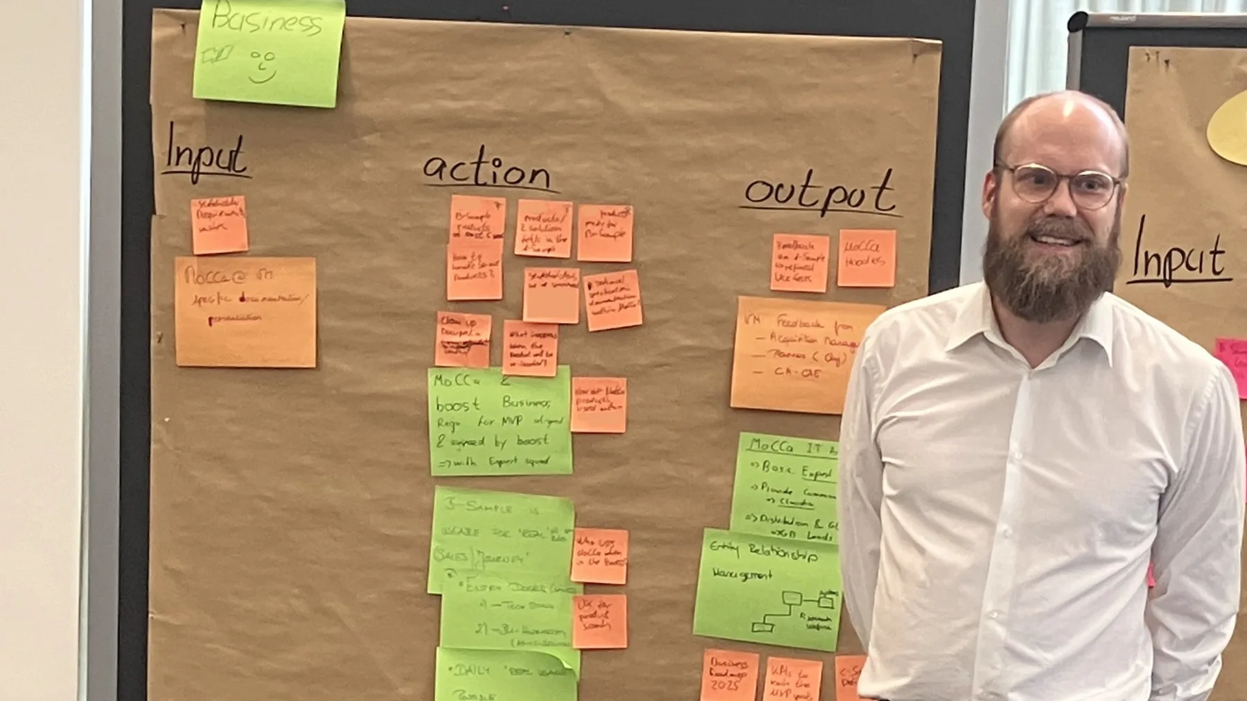 Christian Völl during a workshop session at a facilitation board covered in sticky notes.